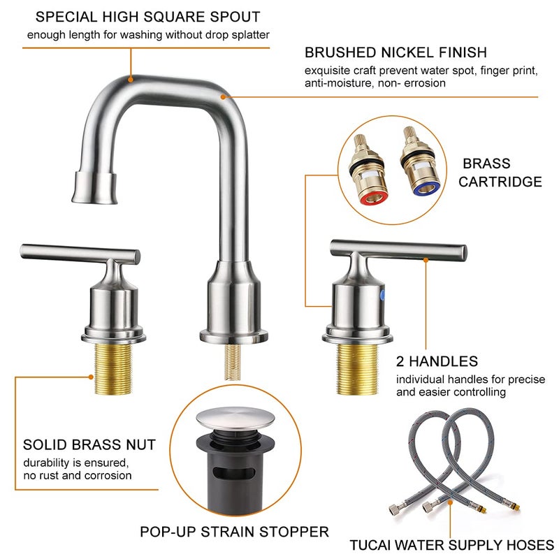 WOWOW 2 Handles 8 inch Widespread High Arc Bathroom Faucet Brushed Nickel Lavatory Faucet 3 Hole 360Â°Swivel Spout Modern Sink Basin Faucets - Image 4